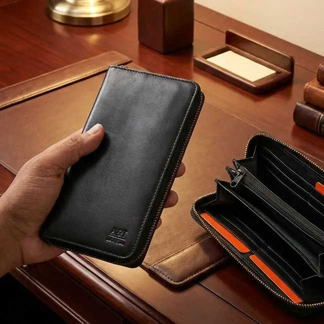 প্রিমিয়াম জেনুইন লেদার লং জিপার ওয়ালেট - নারী ও পুরুষদের জন্য মাল্টি-কার্ড অর্গানাইজার